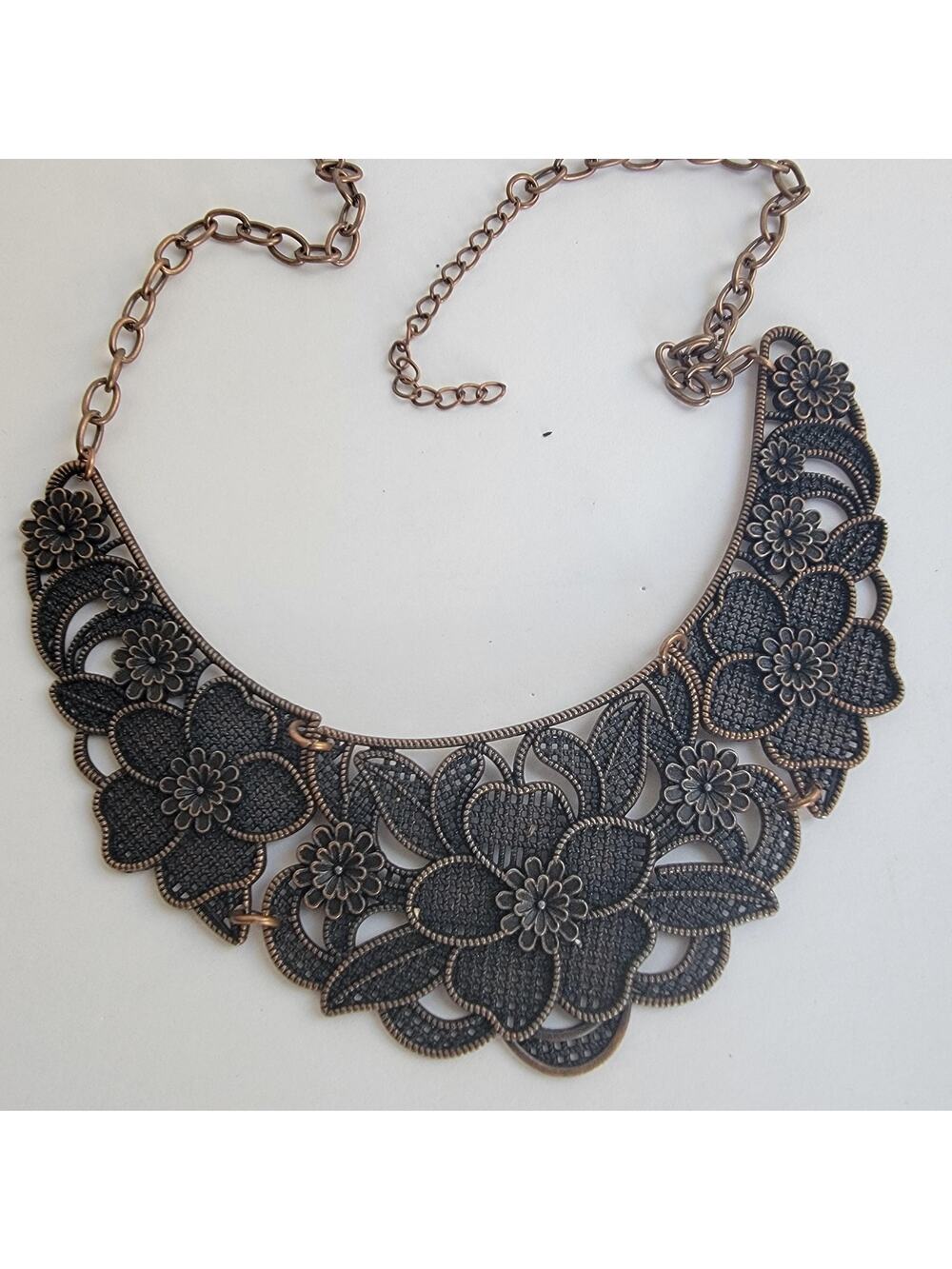 Brown Floral Bib Necklace Statement Filigree Flower Collar Metal Lobster Clasp